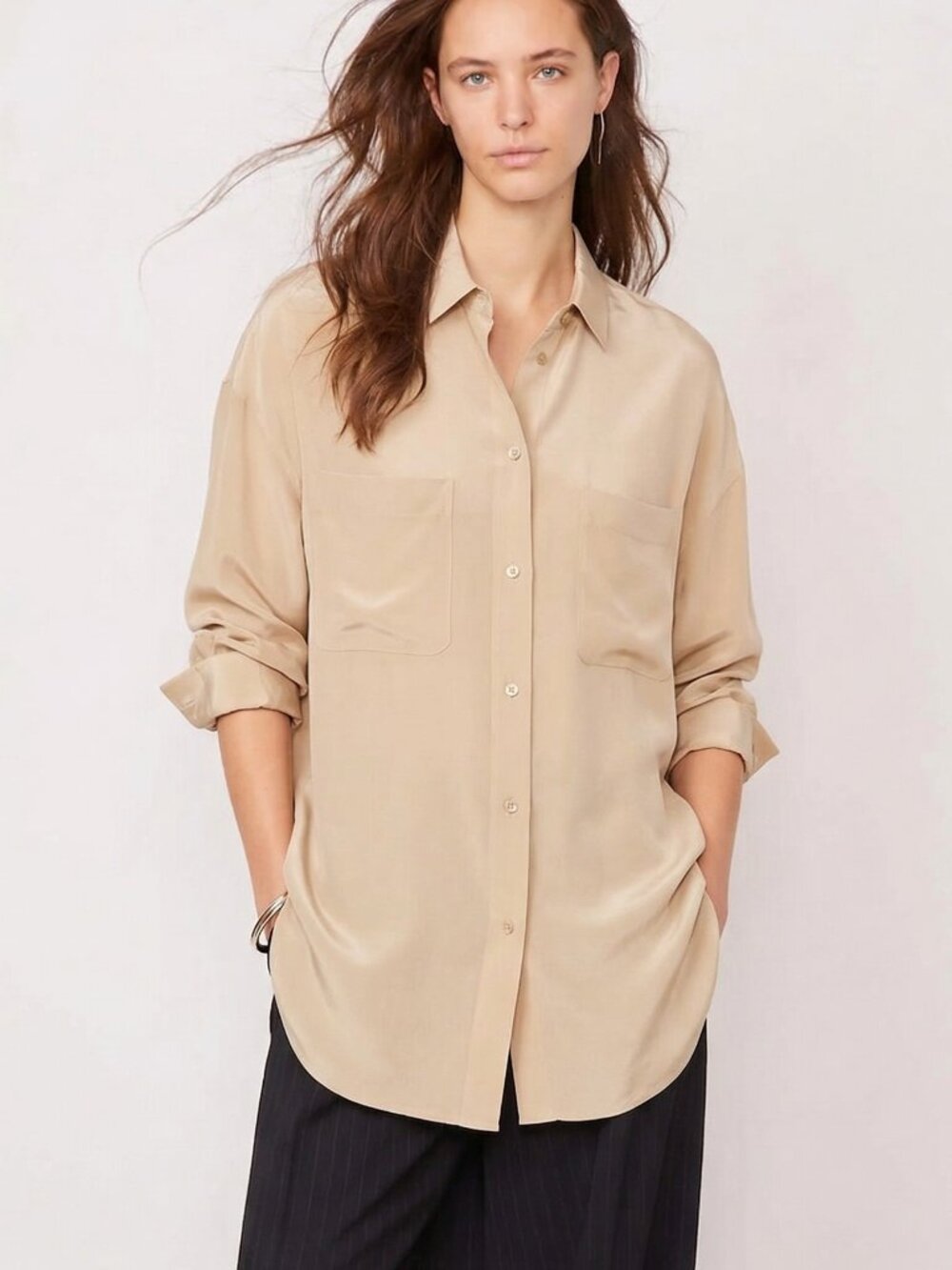 NWT Vince Oversized 100% Silk Blouse Shirt Limestone Beige Size XS, S $345
